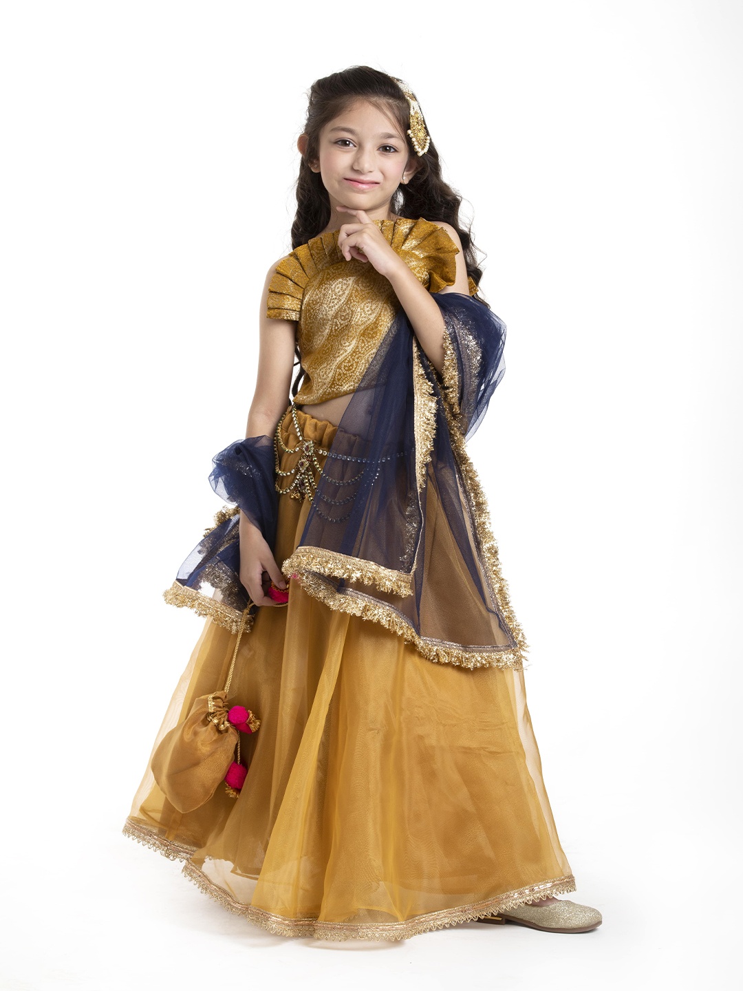 

BYB PREMIUM Girls Gold-Toned & Navy Blue Ready to Wear Lehenga Choli