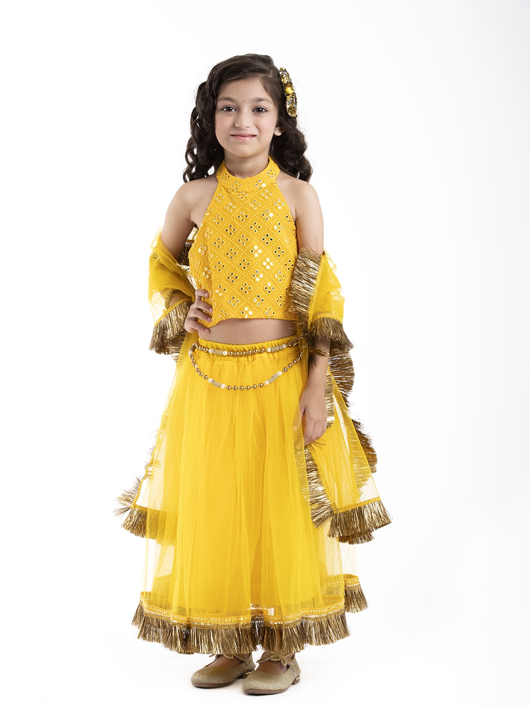 

BYB PREMIUM Girls Yellow & Gold-Toned Embellished Ready to Wear Lehenga Choli