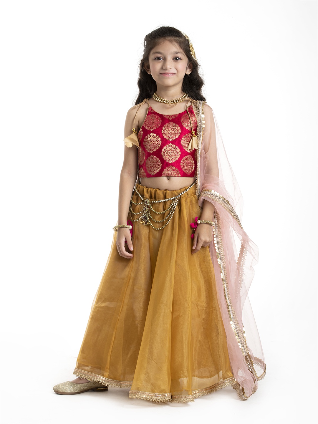 

BYB PREMIUM Girls Gold-Toned & Pink Ready to Wear Lehenga Choli