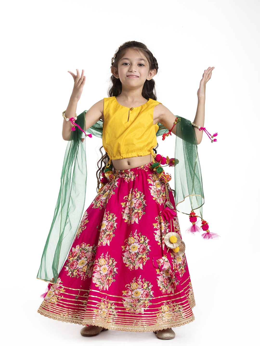 

BYB PREMIUM Girls Fuchsia & Yellow Ready to Wear Lehenga Choli