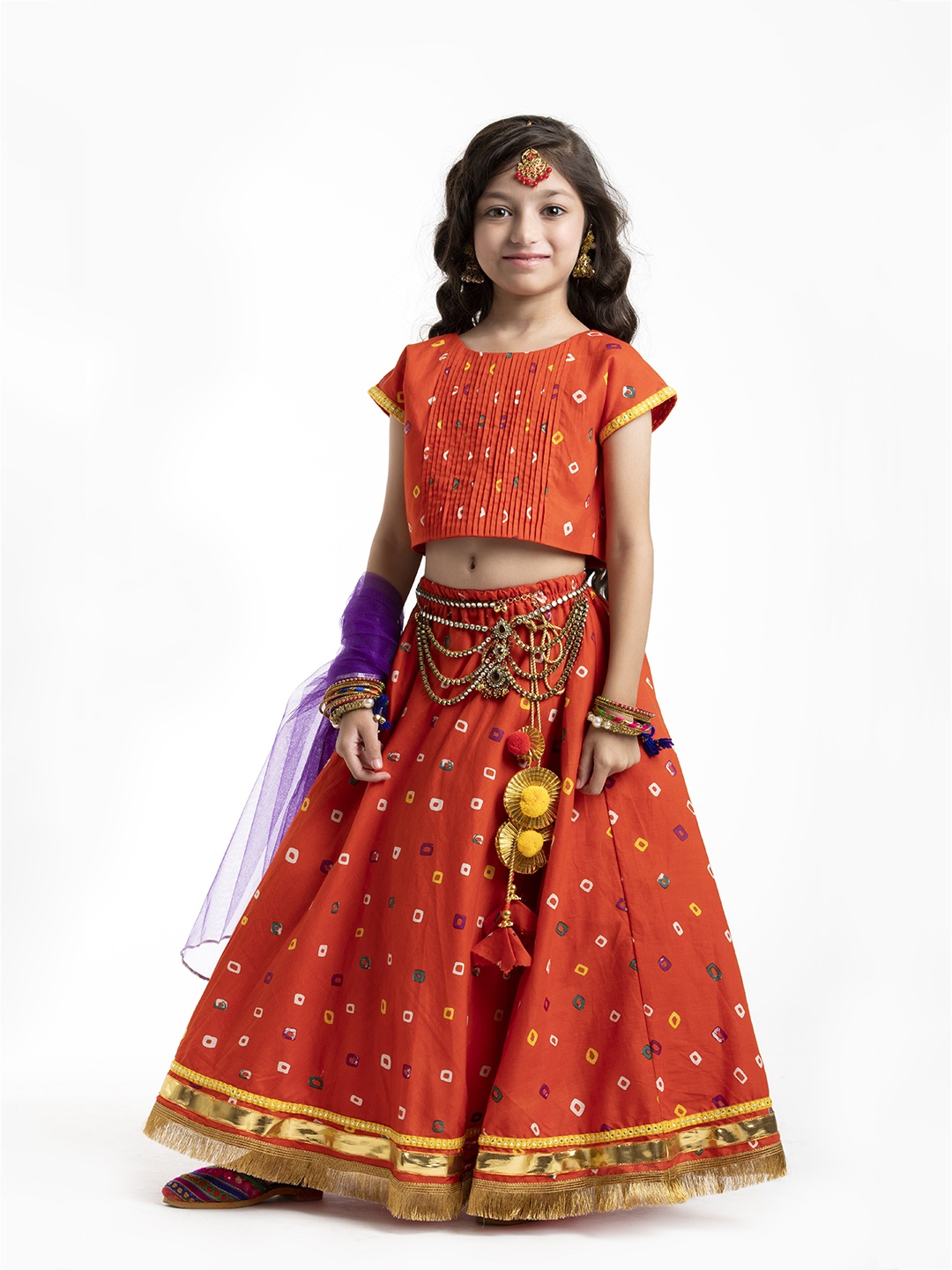 

BYB PREMIUM Girls Orange & Purple Printed Ready to Wear Lehenga Choli