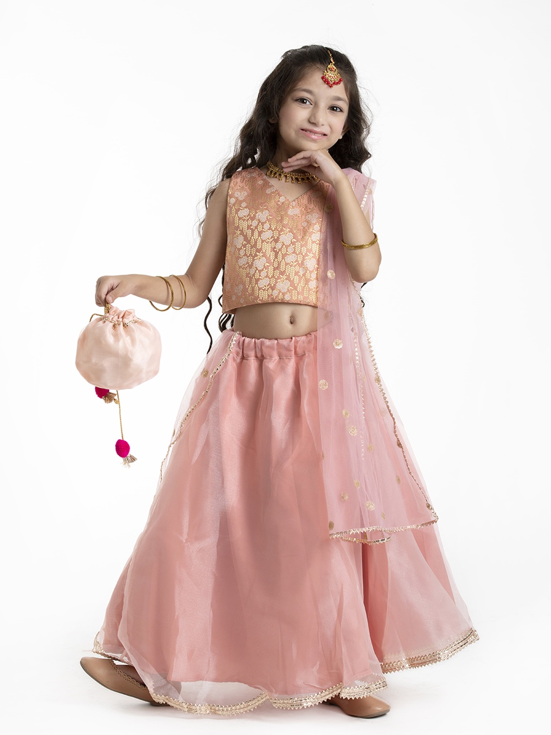 

BYB PREMIUM Girls Peach-Coloured & Gold-Toned Ready to Wear Lehenga Choli
