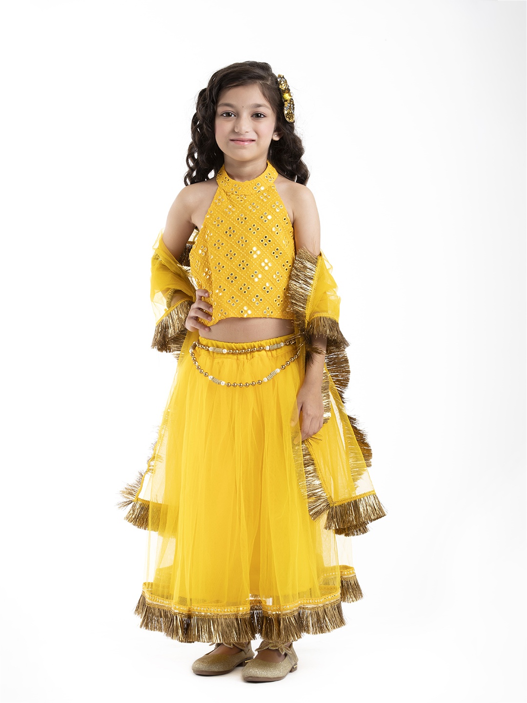 

BYB PREMIUM Girls Yellow & Gold-Toned Embellished Ready to Wear Lehenga Choli