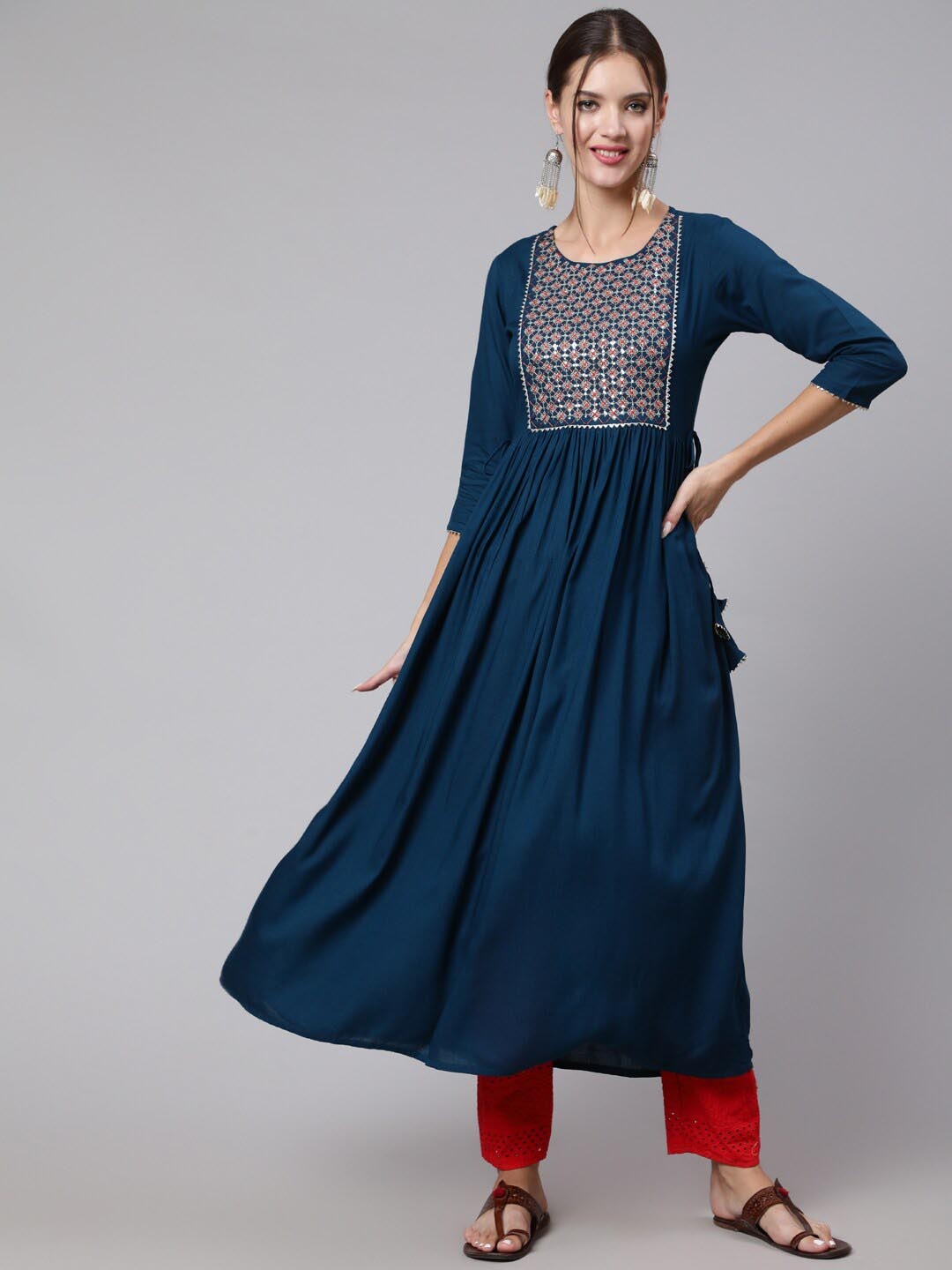 

GLAM ROOTS Women Navy Blue Yoke Design Anarkali Kurta