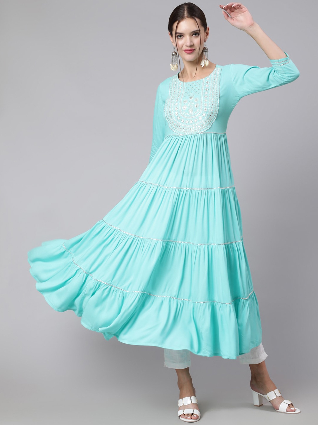 

GLAM ROOTS Women Turquoise Blue Yoke Design Thread Work Anarkali Kurta