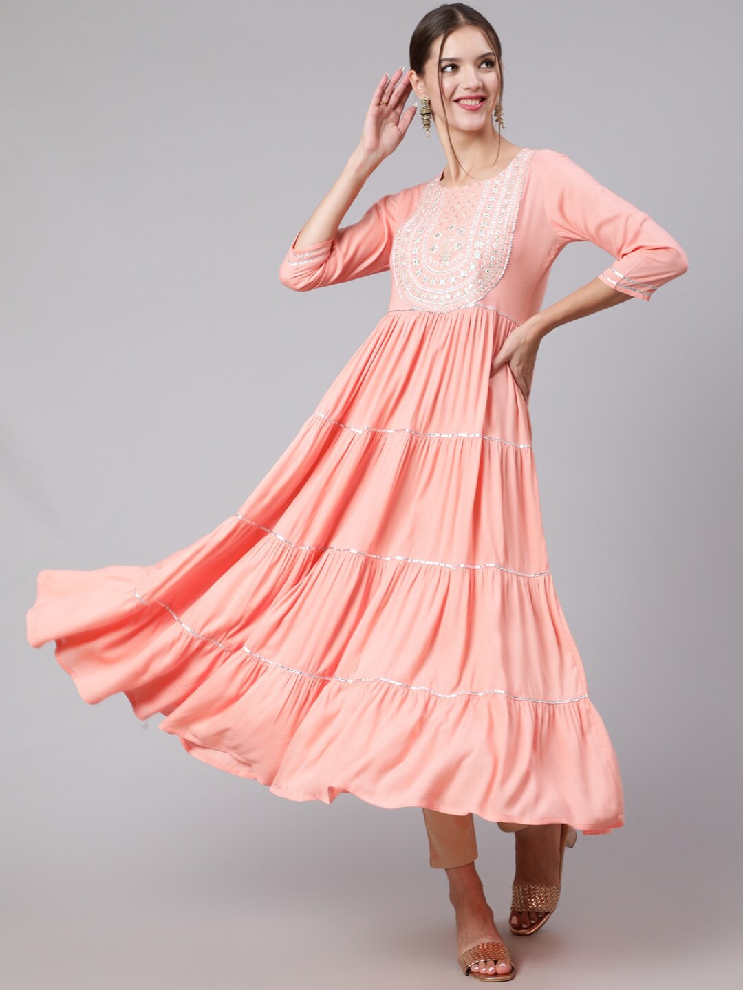 

GLAM ROOTS Women Peach Yoke Design Thread Work Anarkali Kurta