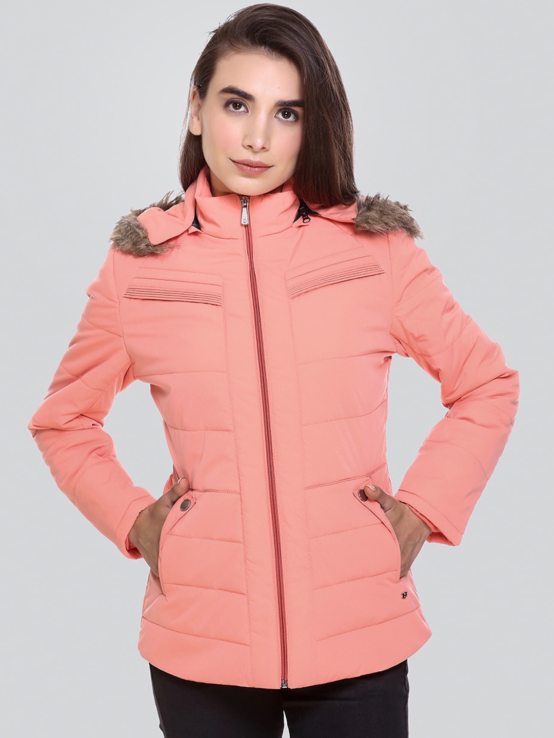 

PEPLS Women Peach Lightweight Hooded Parka Jacket