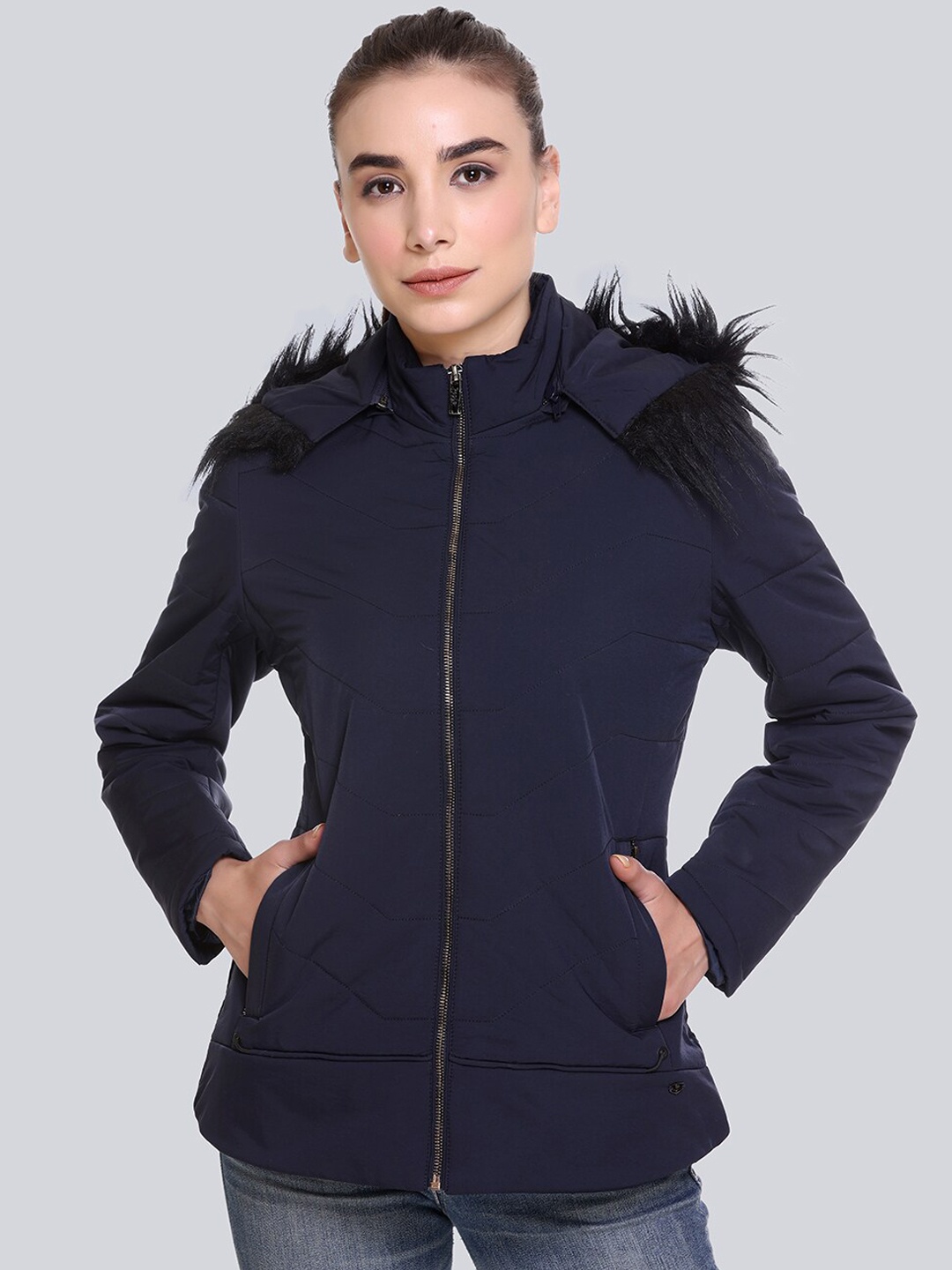 

PEPLS Women Navy Blue Lightweight Hooded Parka Jacket