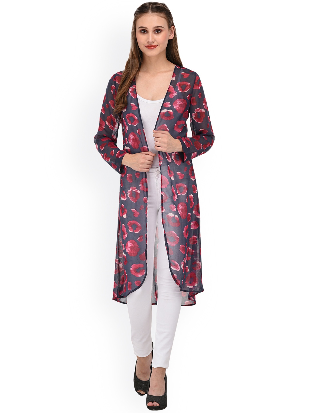 

PURYS Grey Floral Print Longline Shrug