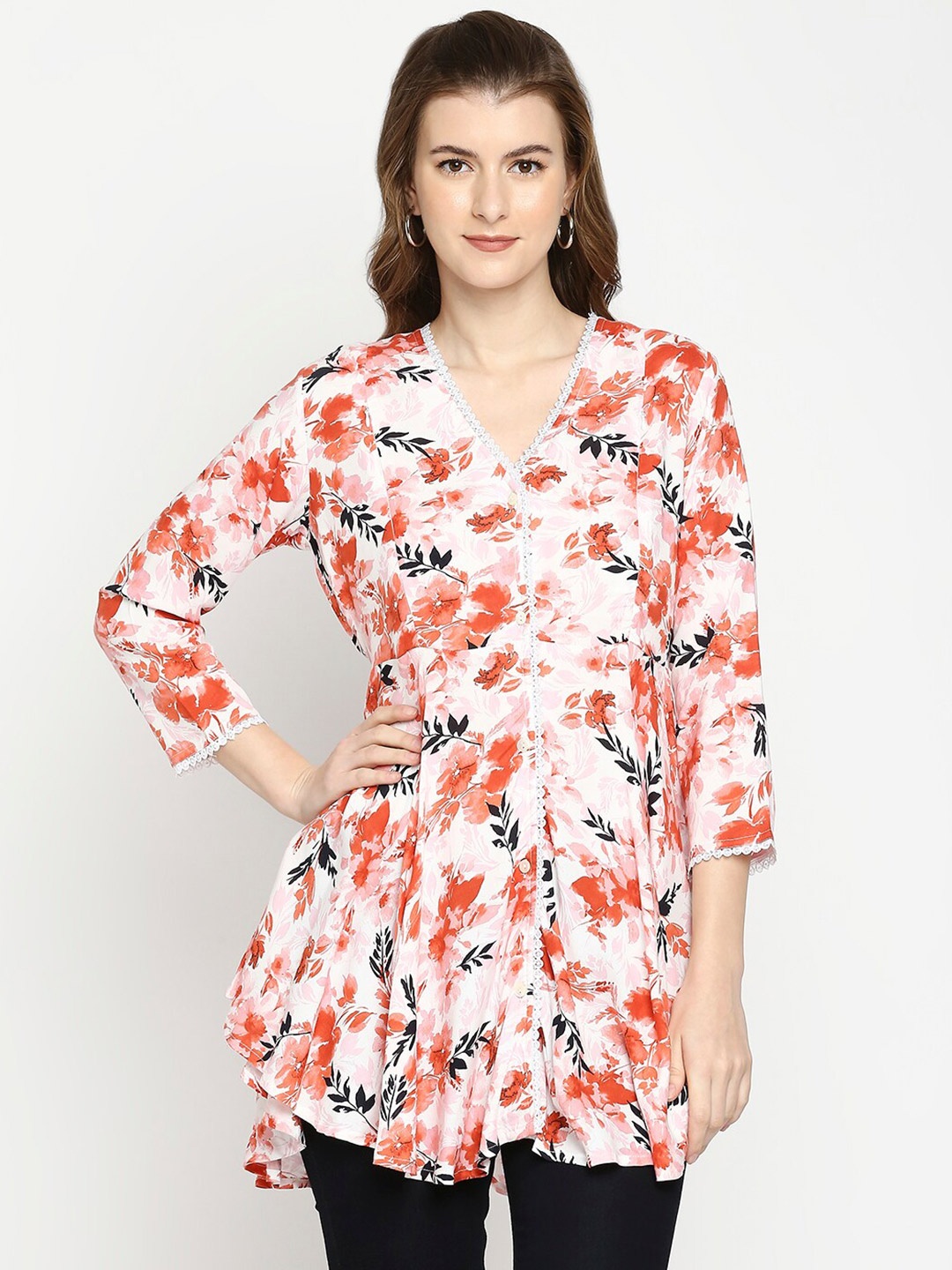 

MeeMee White & Orange Floral Print Empire Maternity Longline Top