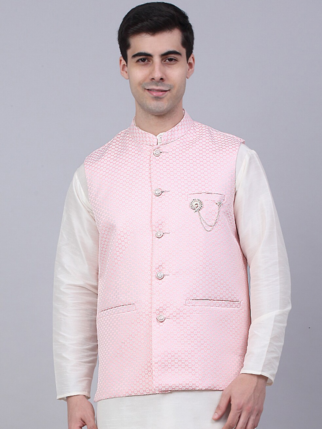 

Jompers Men Pink Woven-Design Nehru Jacket