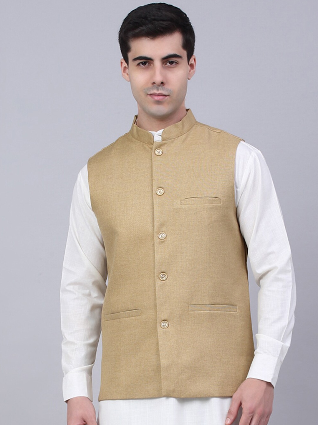 

Jompers Men Beige-Colored Woven Nehru Jacket