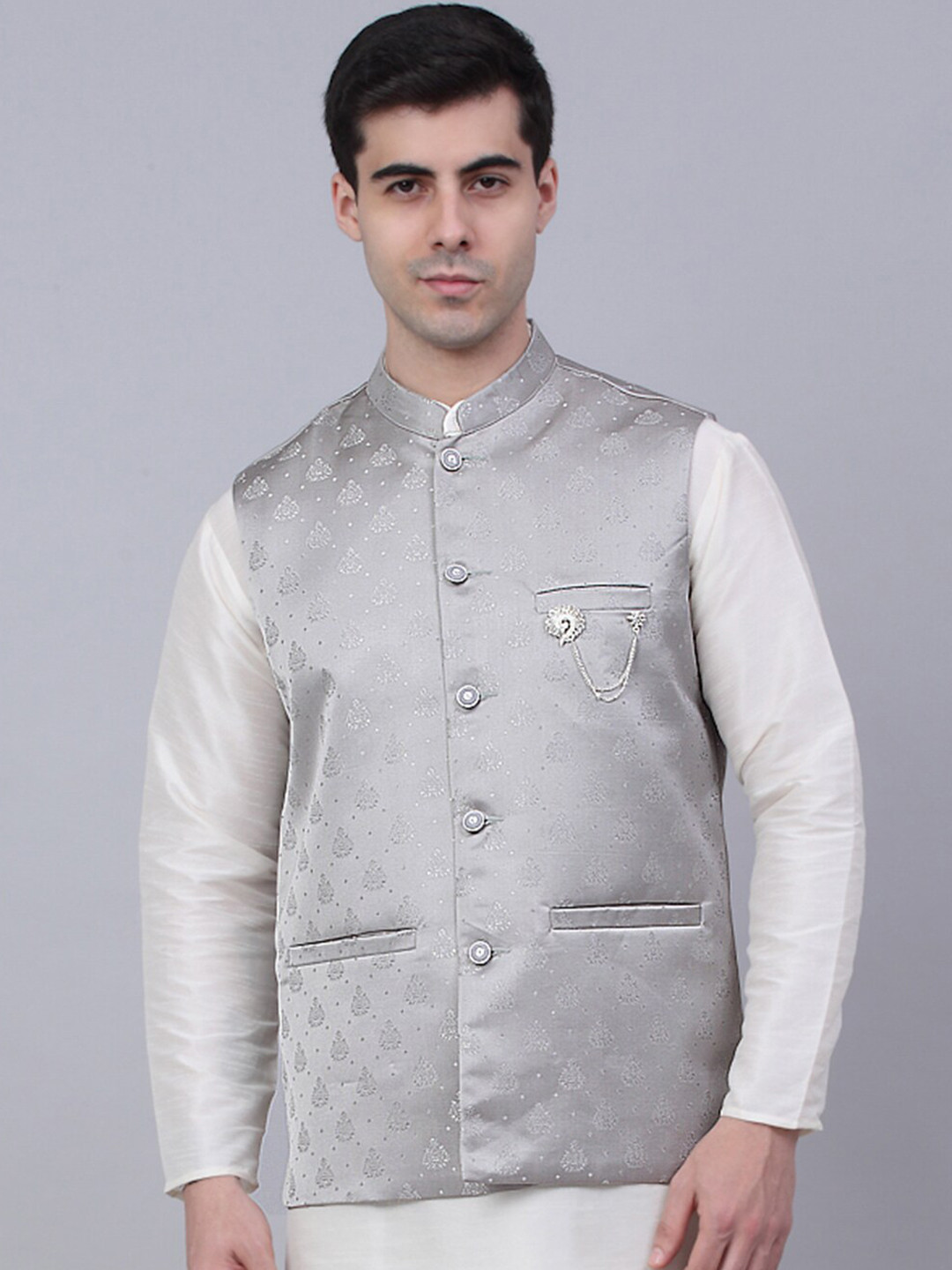 

Jompers Men Grey Woven Design Nehru Jacket