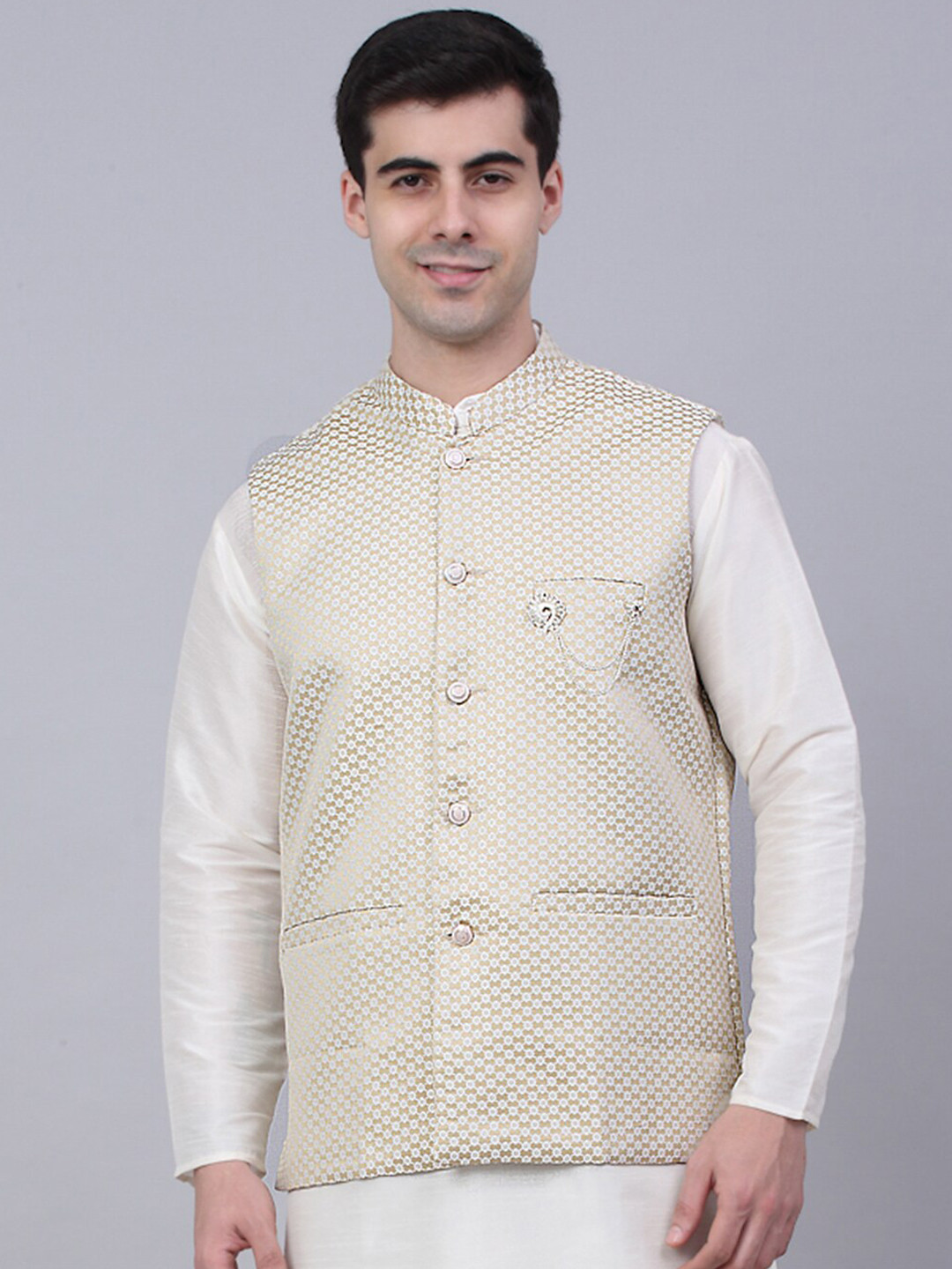 

Jompers Men Beige Woven Design Nehru Jacket