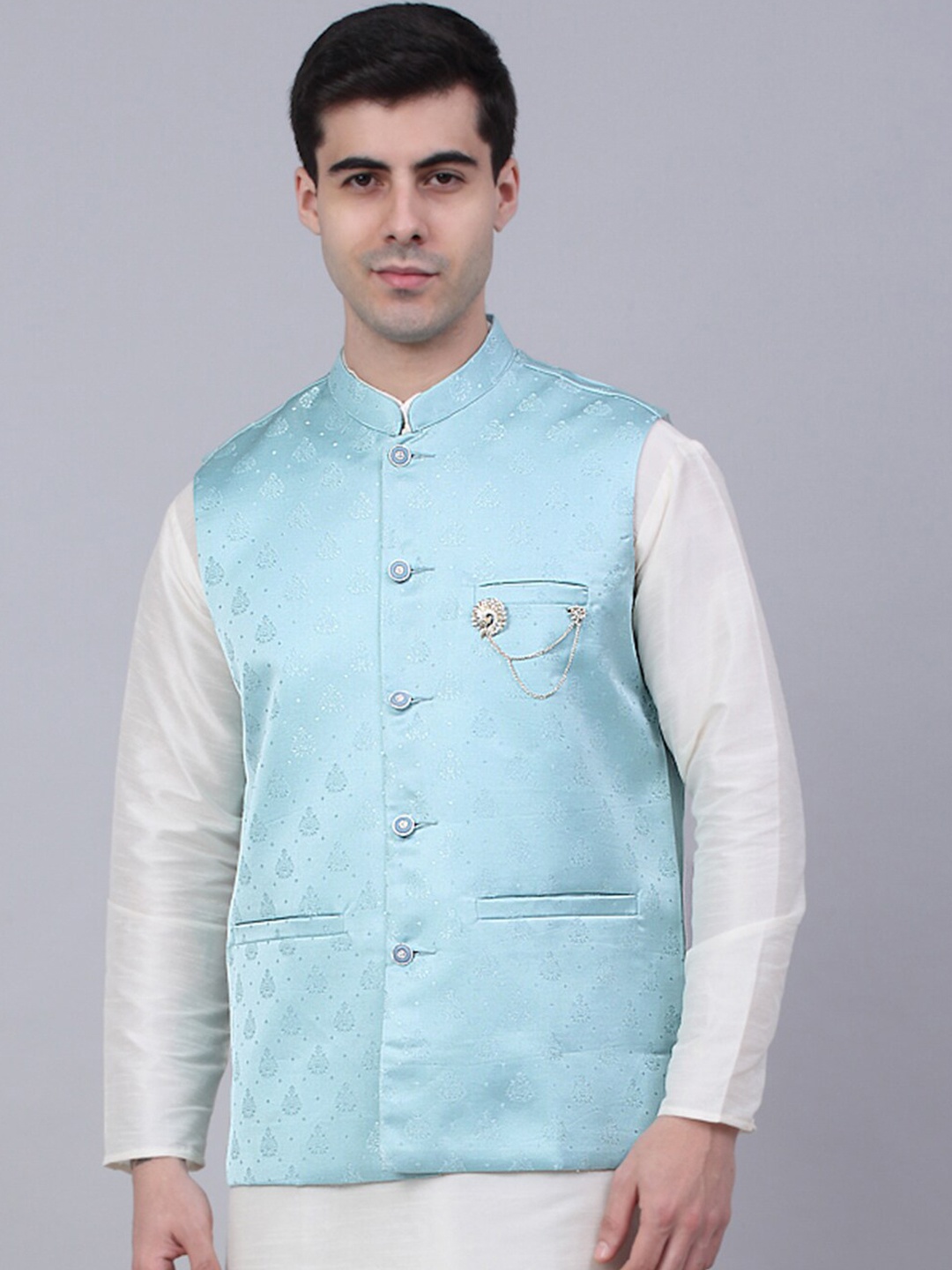 

Jompers Men Turquoise Blue Woven Design Nehru Jackets