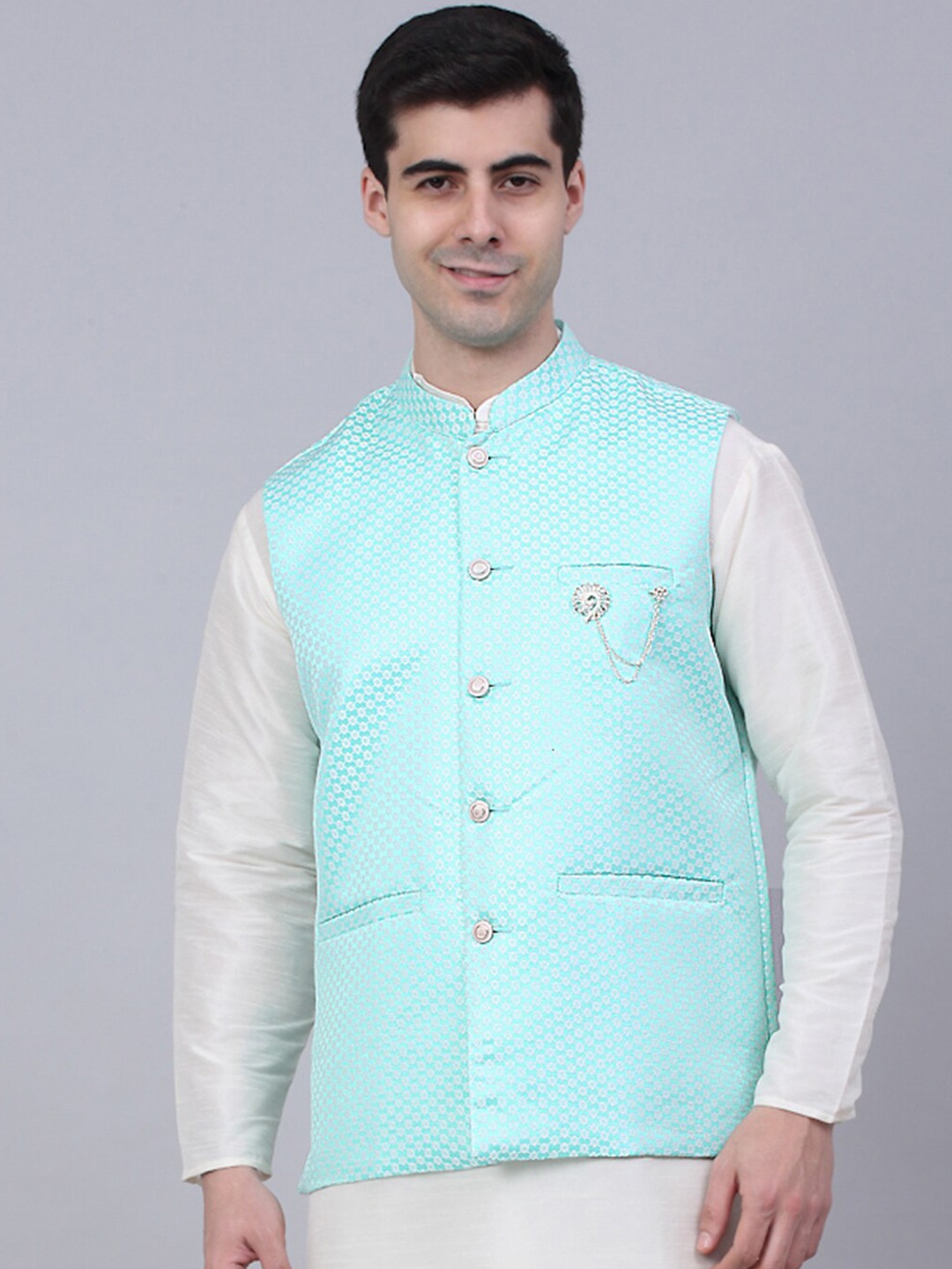 

Jompers Men Blue Woven Design Nehru Jacket With Brooch, Turquoise blue