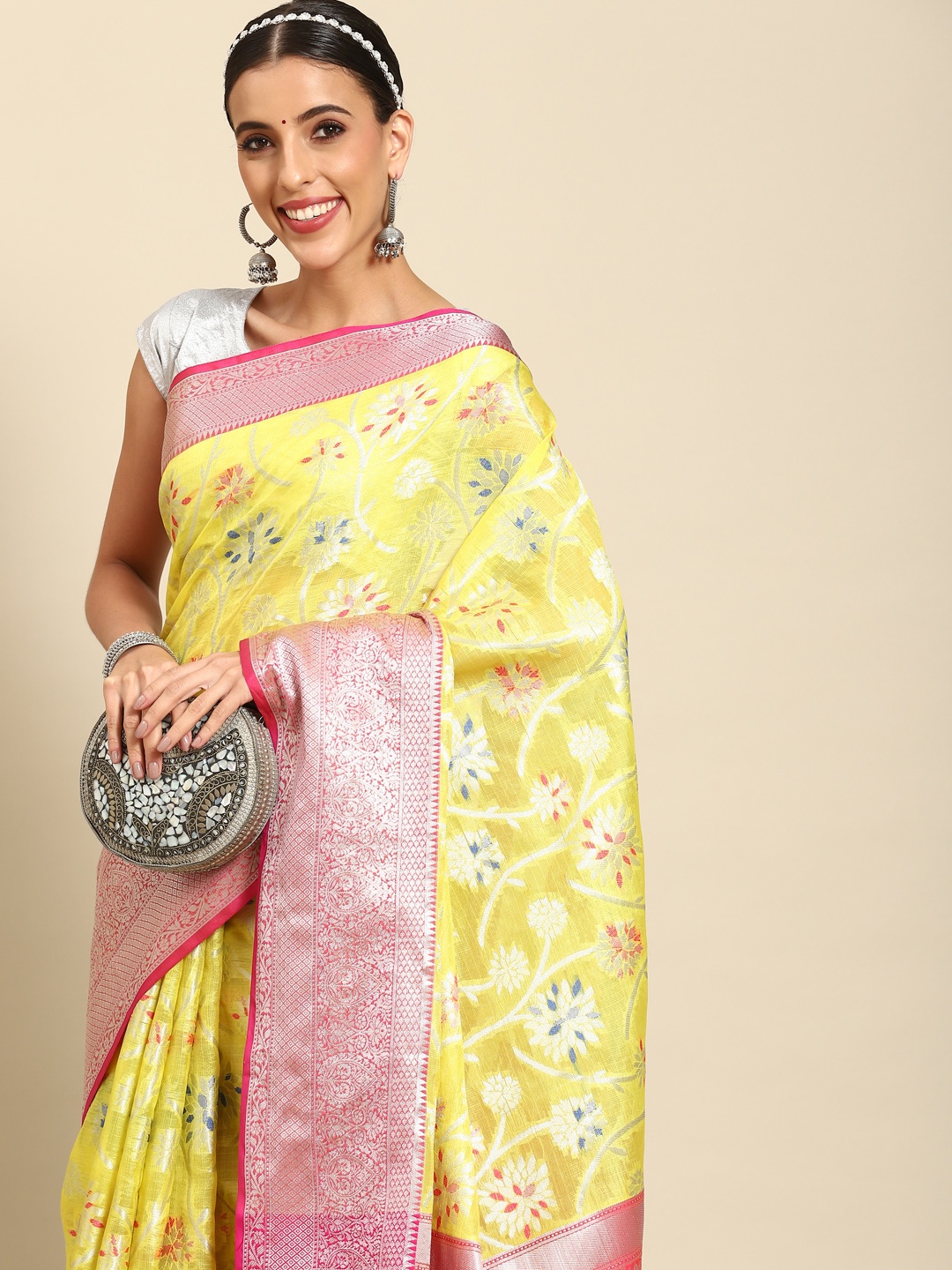

Silk Land Floral Zari Art Silk Banarasi Saree, Yellow