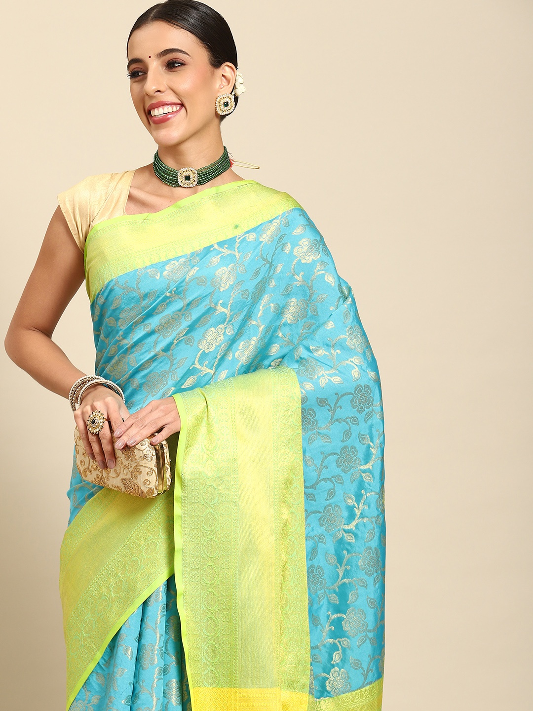 

Silk Land Floral Zari Art Silk Brocade Banarasi Saree, Turquoise blue