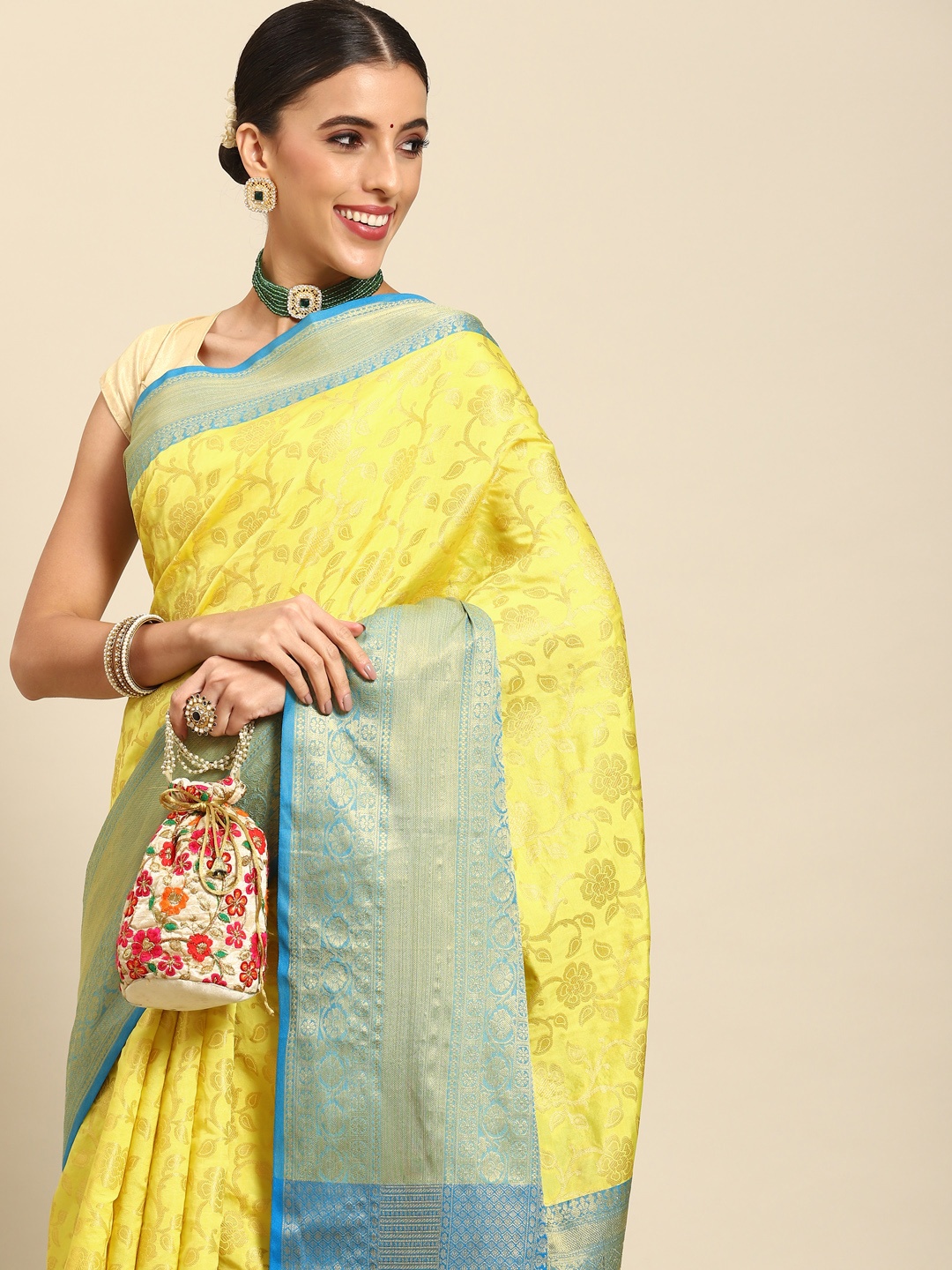 

Silk Land Floral Zari Art Silk Banarasi Saree, Yellow