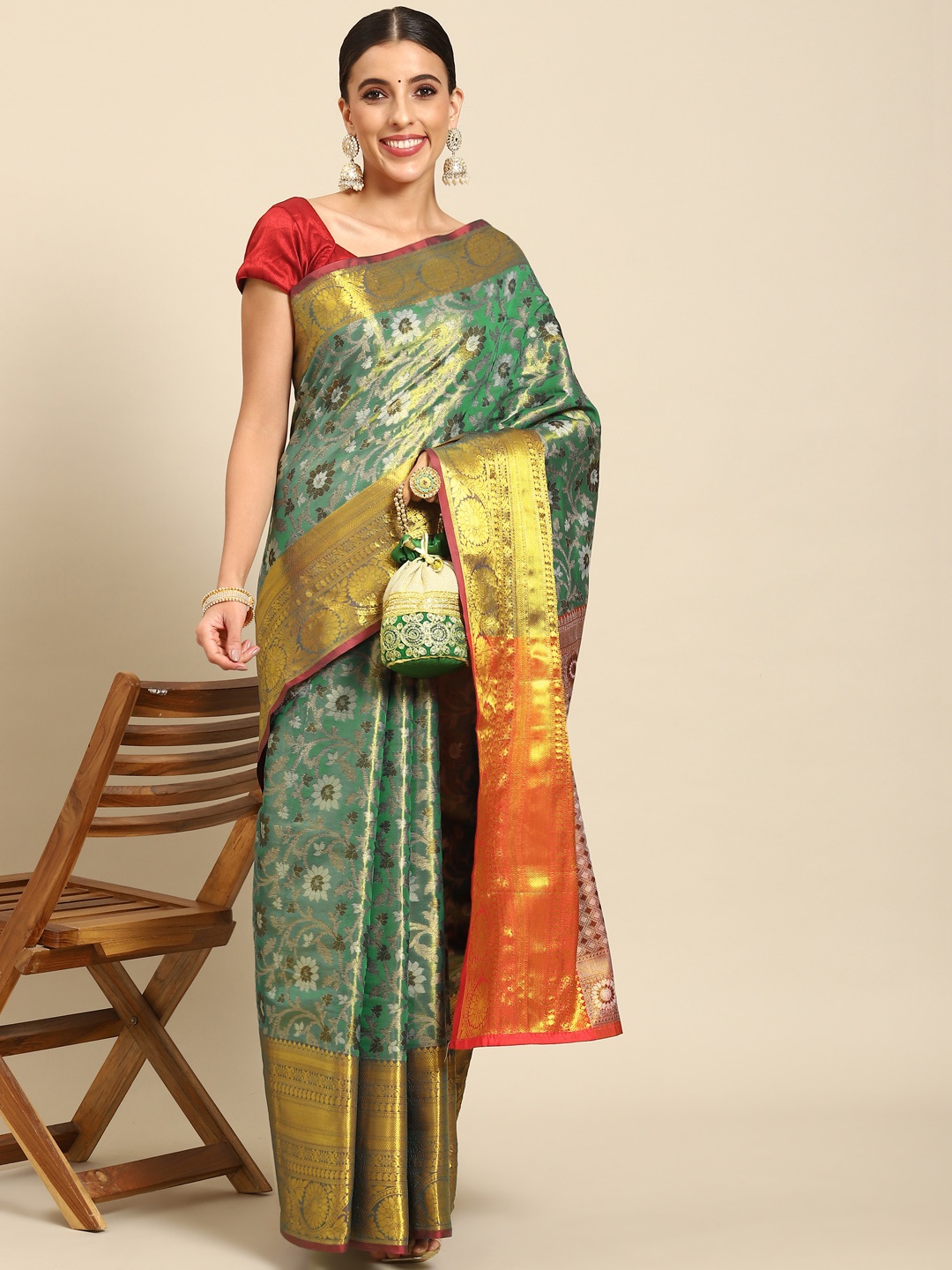 

Silk Land Floral Zari Art Silk Kanjeevaram Saree, Teal