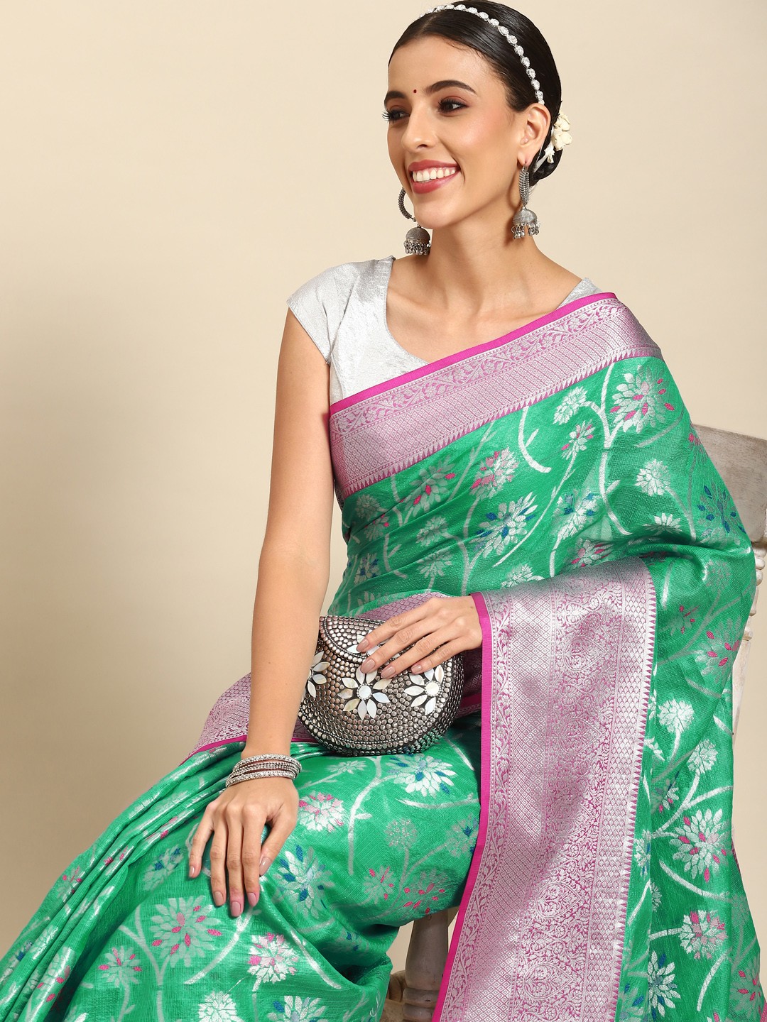 

Silk Land Floral Zari Art Silk Banarasi Saree, Teal