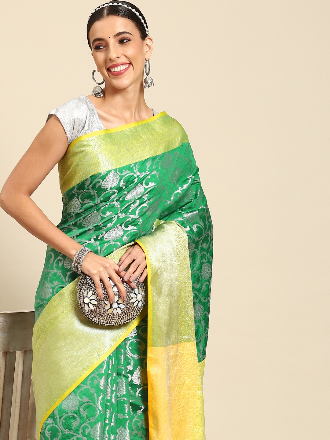 

Silk Land Floral Zari Art Silk Banarasi Saree, Green