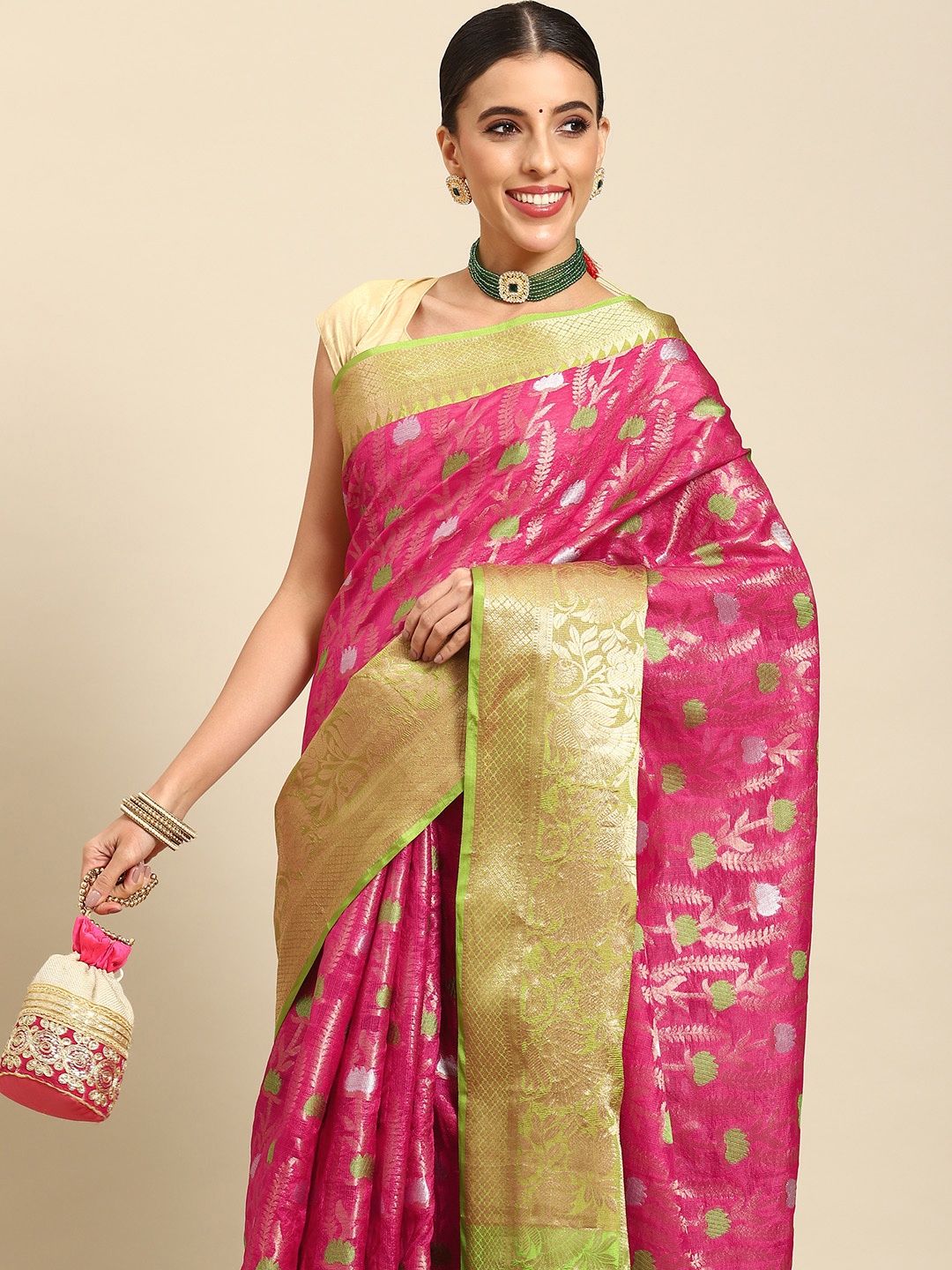 

Silk Land Pink & Green Floral Zari Art Silk Banarasi Saree