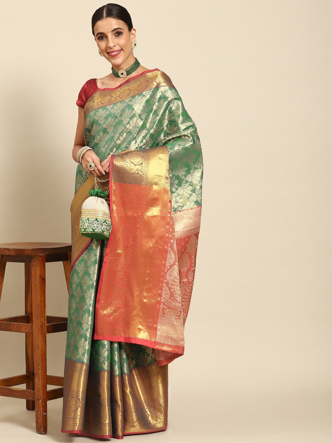 

Silk Land Paisley Zari Art Silk Kanjeevaram Saree, Green