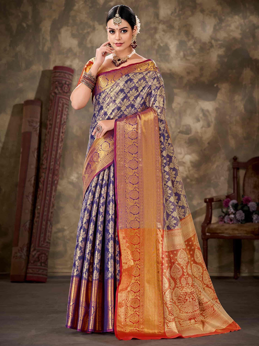

Silk Land Floral Zari Art Silk Kanjeevaram Saree, Purple
