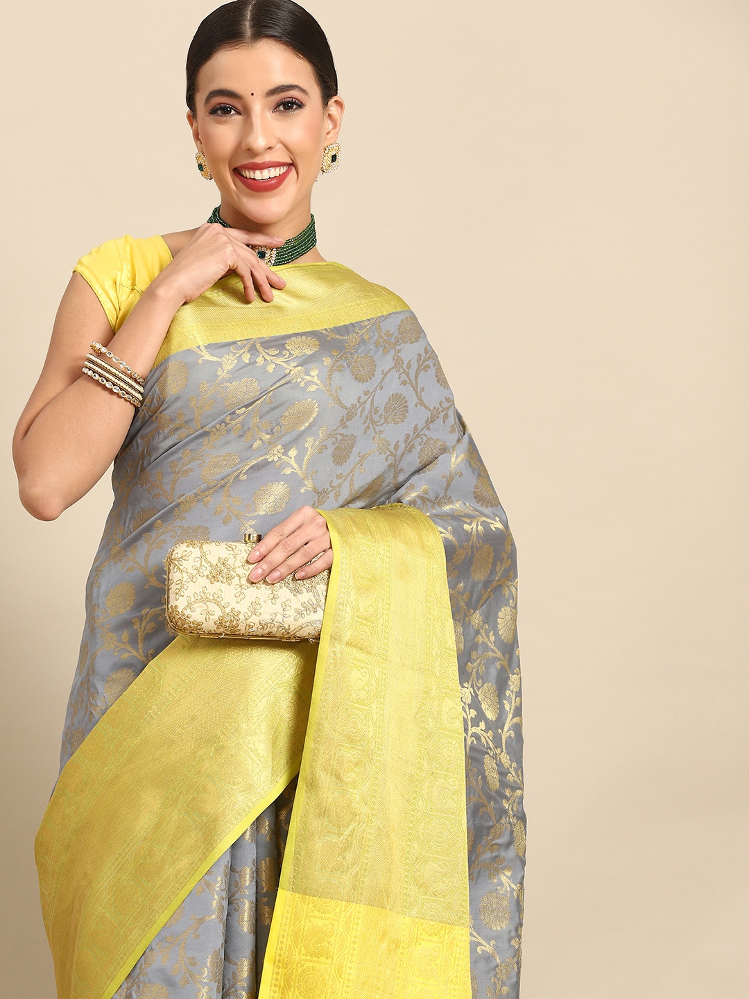 

Silk Land Floral Zari Art Silk Heavy Work Banarasi Saree, Grey