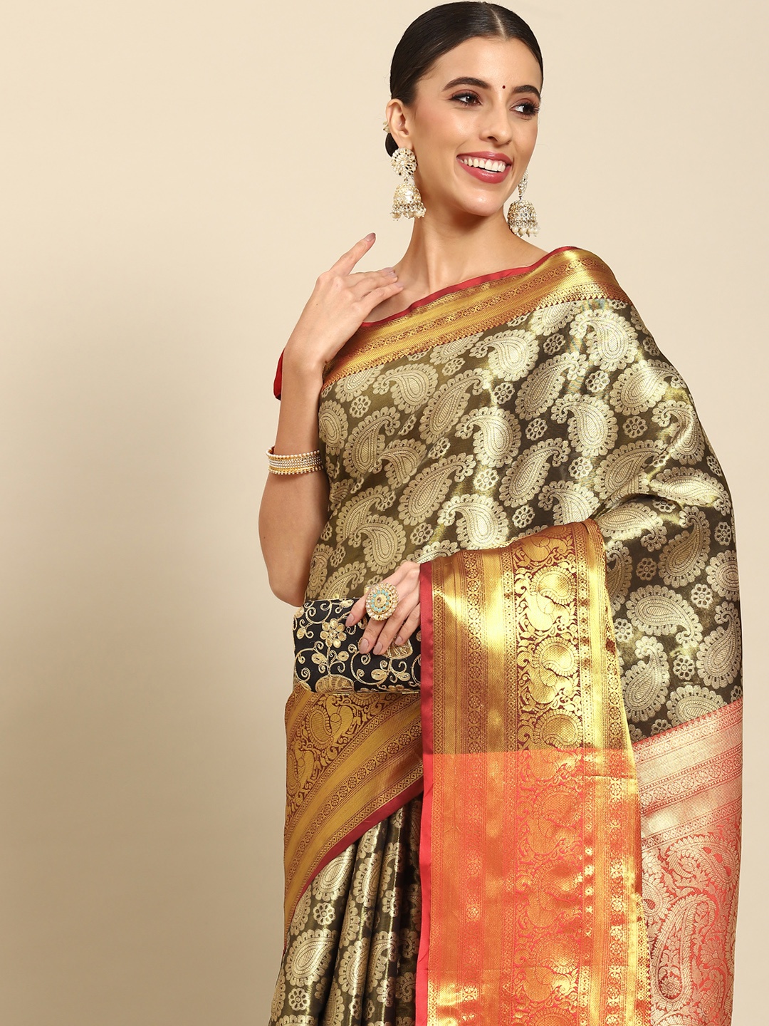 

Silk Land Paisley Zari Art Silk Kanjeevaram Saree, Black