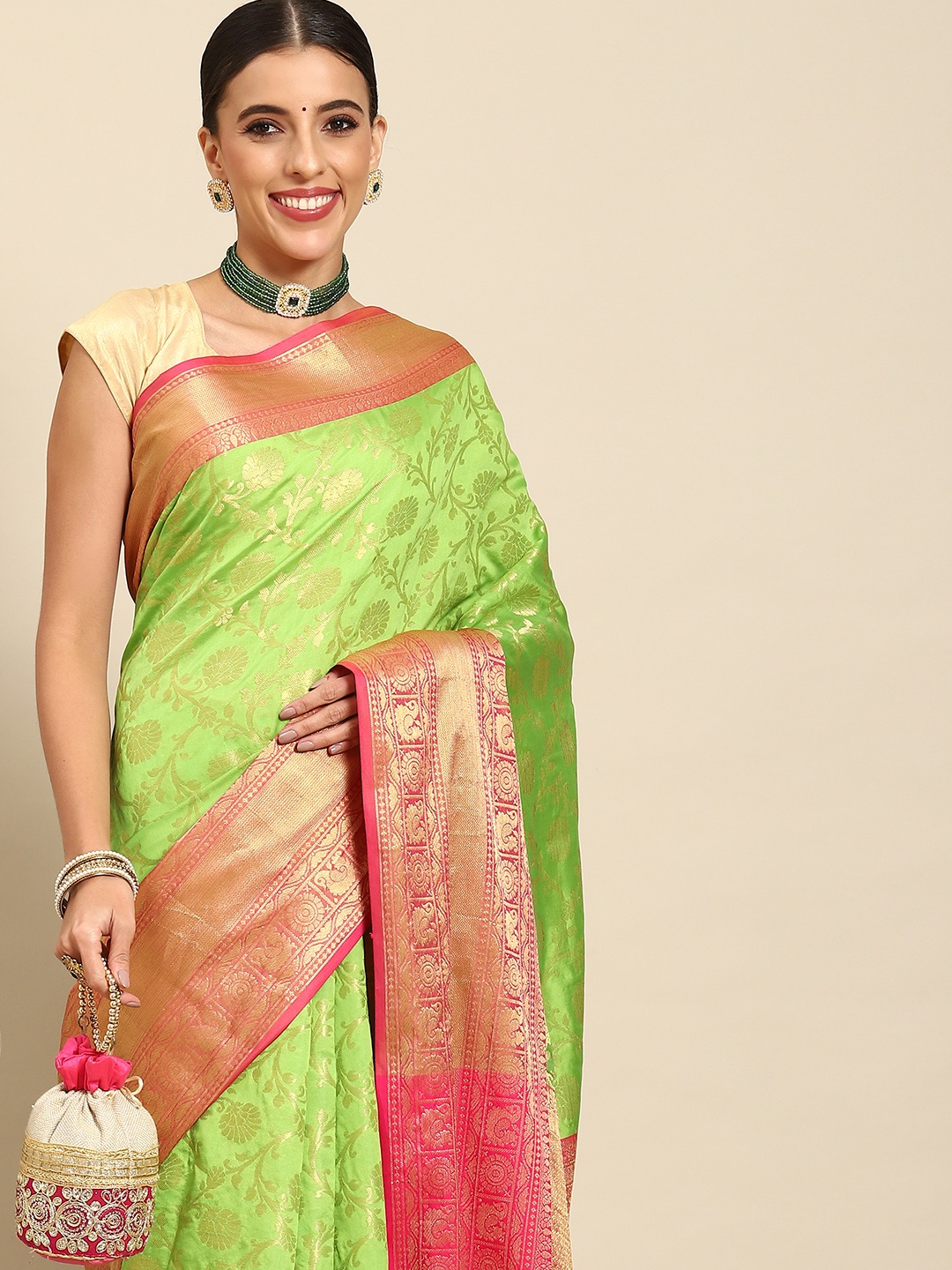 

Silk Land Floral Zari Art Silk Banarasi Saree, Green