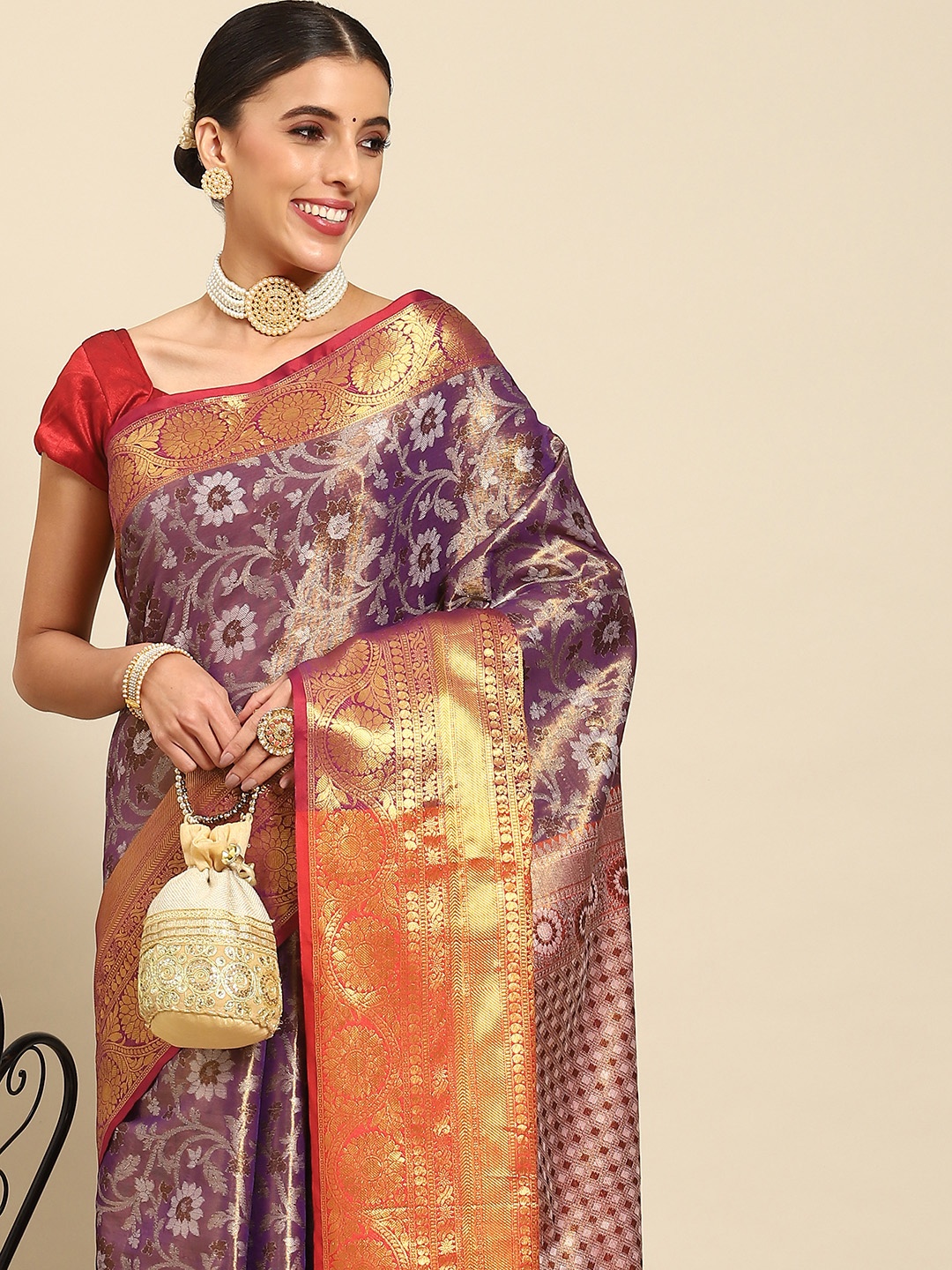 

Silk Land Floral Zari Art Silk Kanjeevaram Saree, Purple