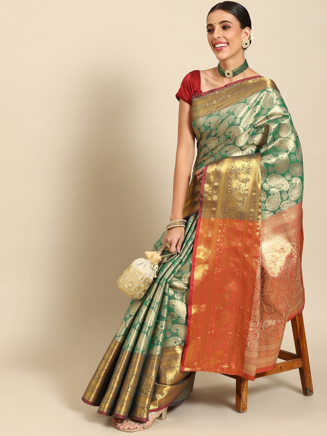 

Silk Land Floral Zari Art Silk Kanjeevaram Saree, Teal