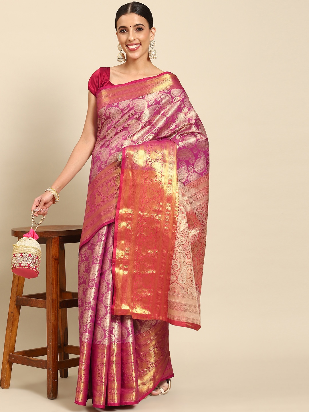 

Silk Land Paisley Zari Art Silk Kanjeevaram Saree, Pink