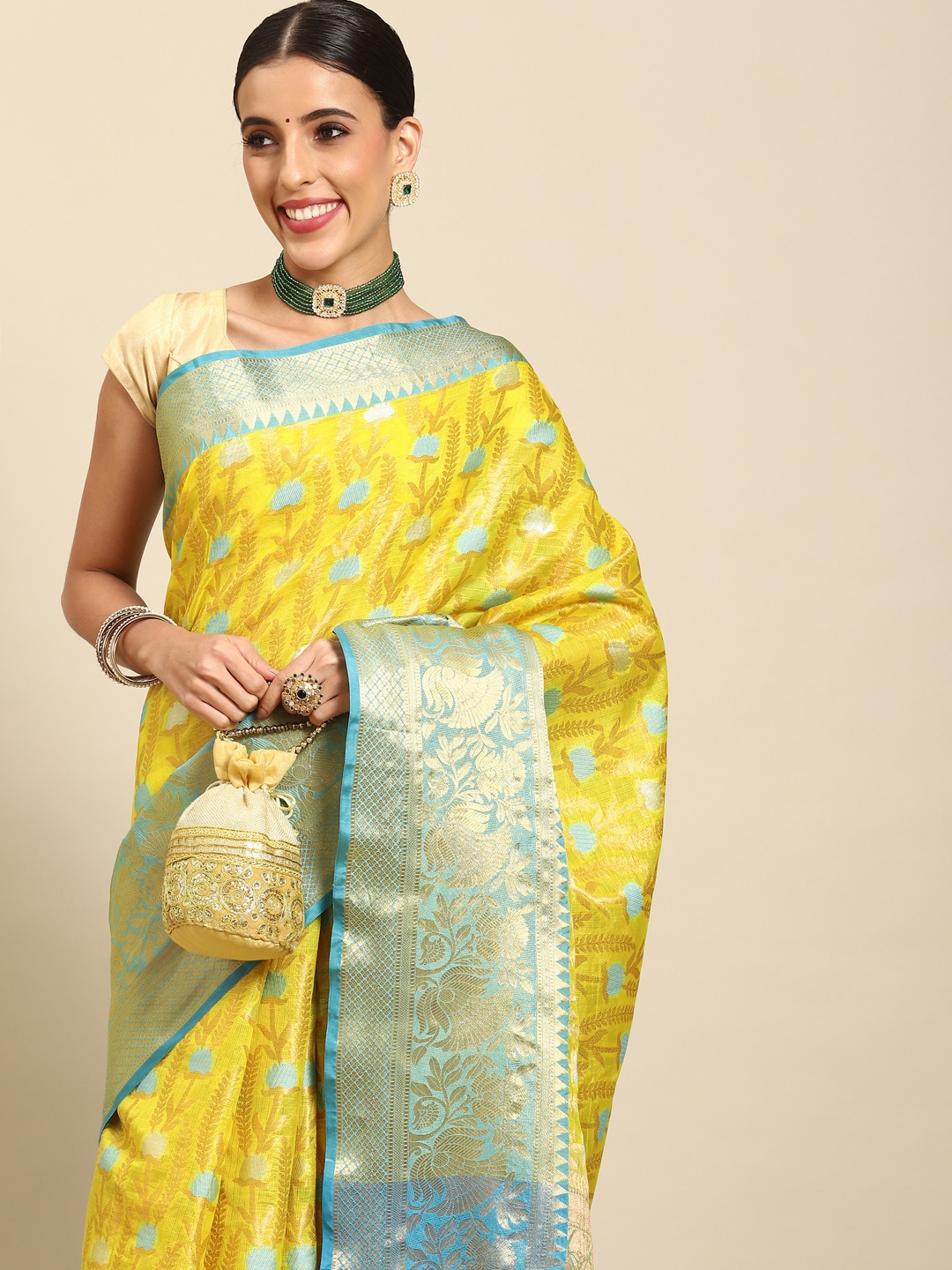 

Silk Land Floral Zari Art Silk Banarasi Saree, Yellow