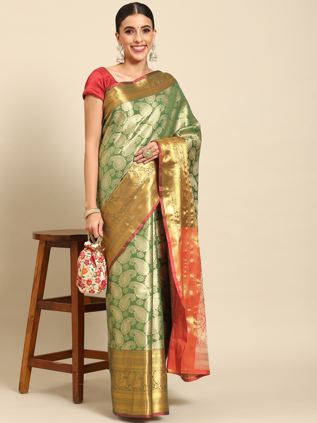 

Silk Land Ethnic Motifs Zari Art Silk Kanjeevaram Saree, Green