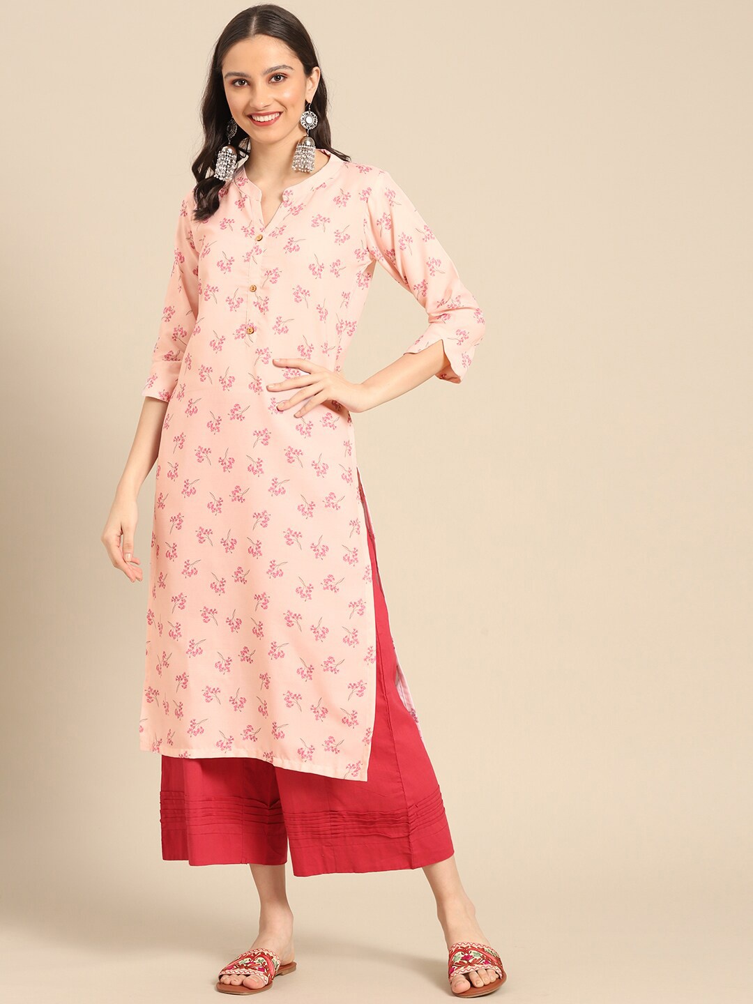 

all about you Women Peach Floral Printed Regular Kurta