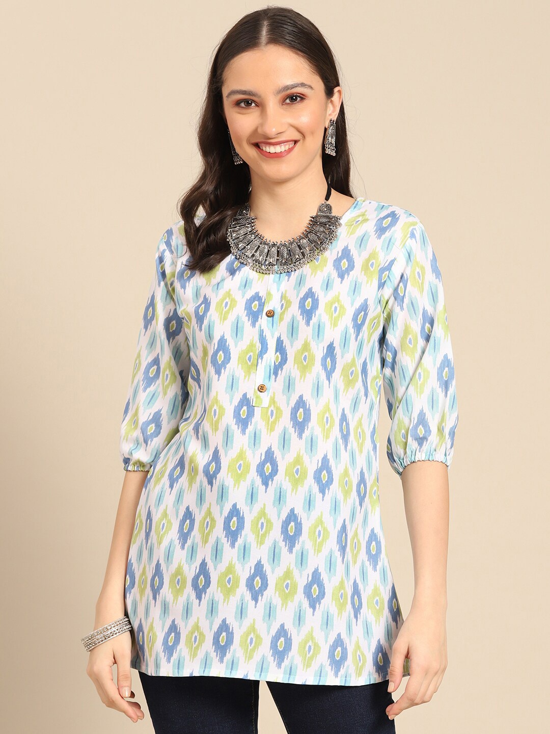 

all about you White & Blue Printed Kurti