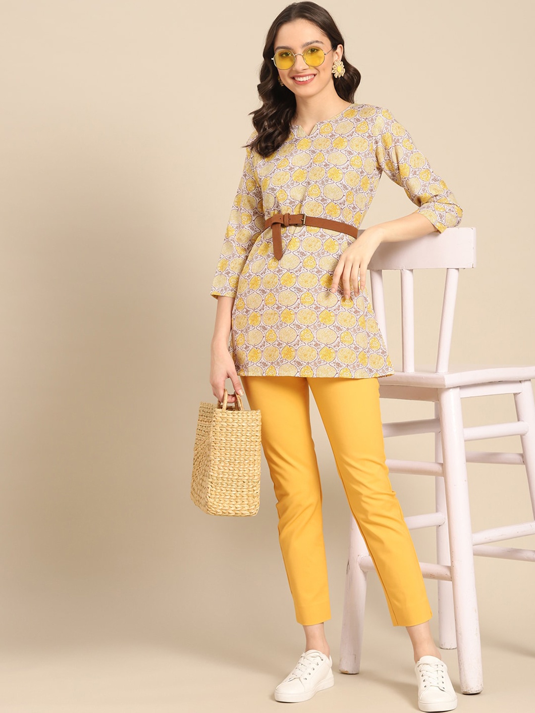 

all about you Yellow & Beige Abstract Printed Short Kurti