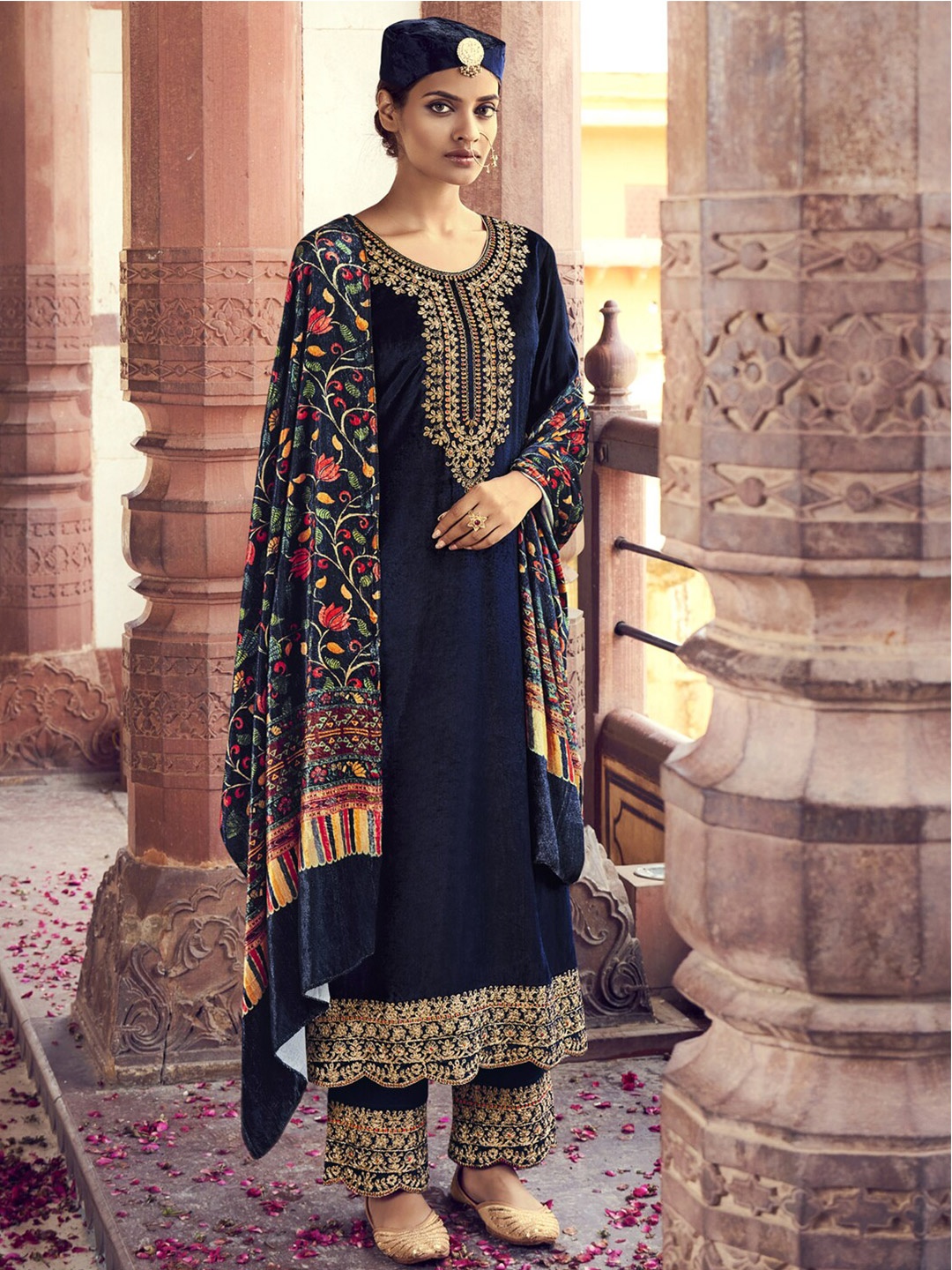 

Stylee LIFESTYLE Navy Blue & Pink Embroidered Velvet Unstitched Dress Material