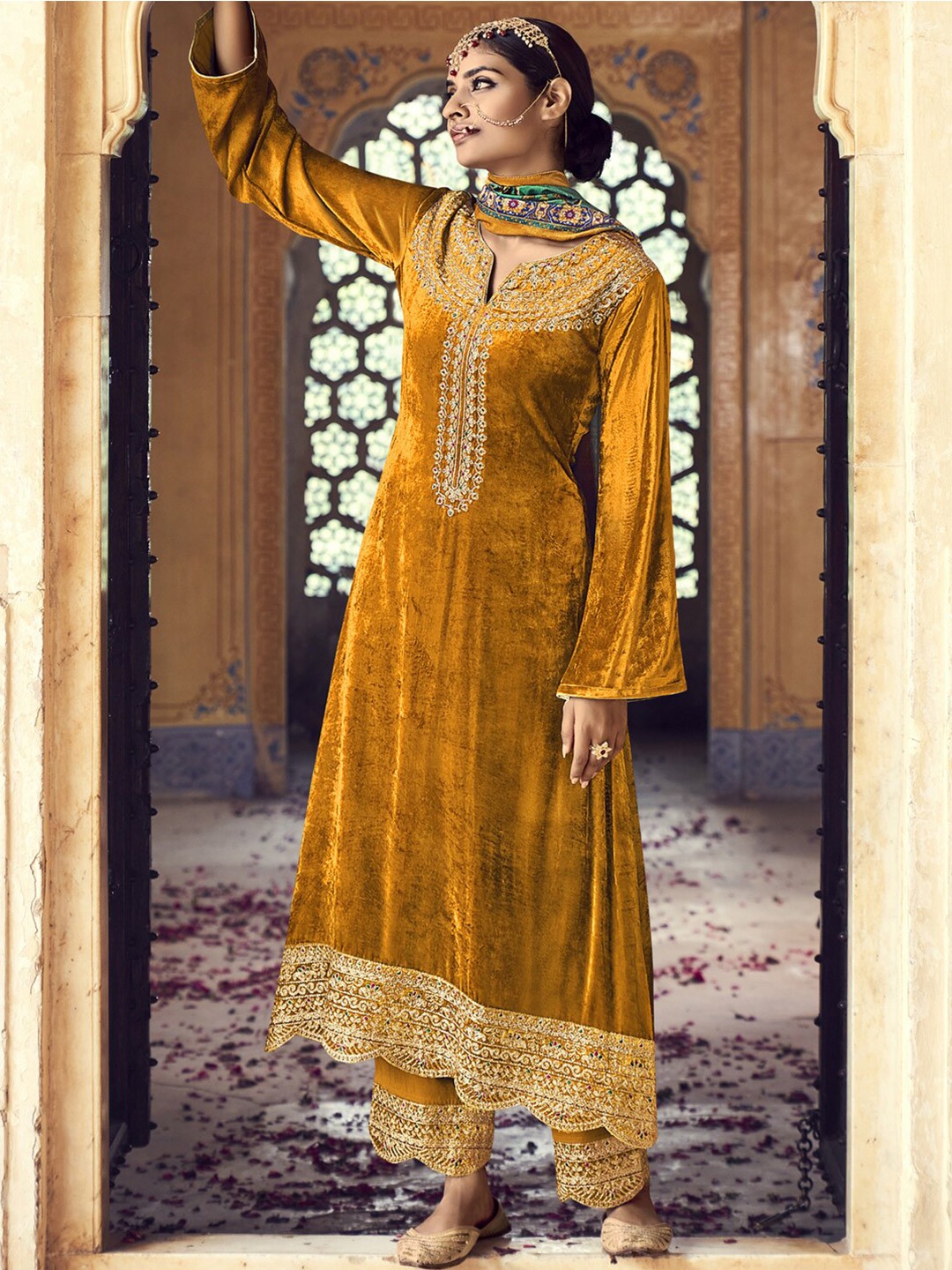 

Stylee LIFESTYLE Gold-Toned & Green Embroidered Velvet Unstitched Dress Material