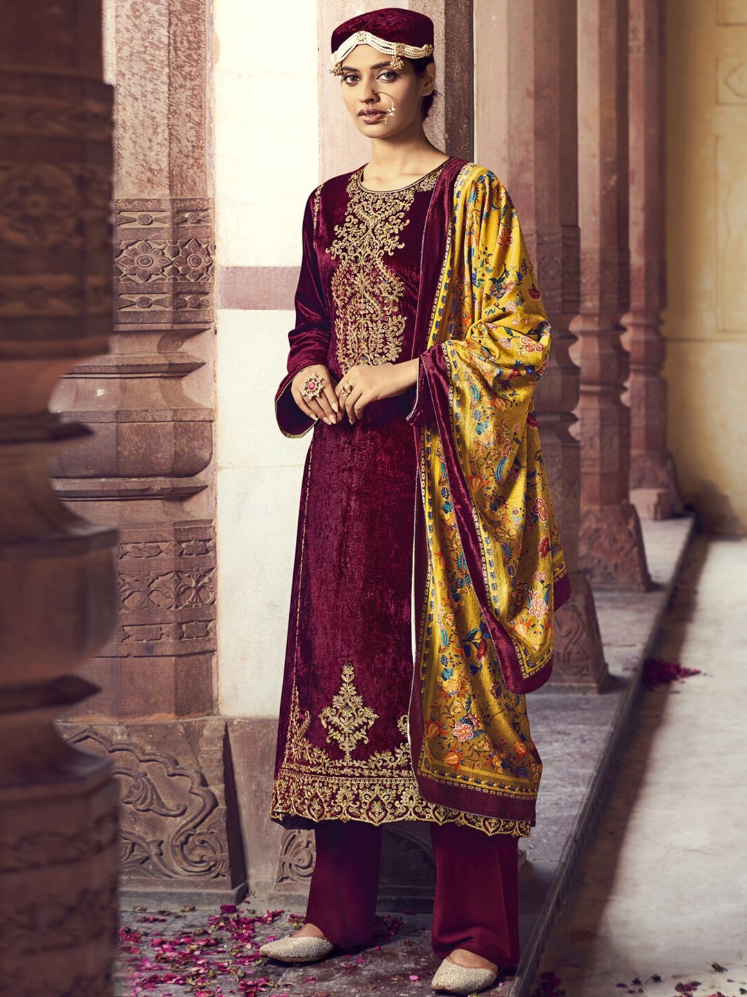

Stylee LIFESTYLE Maroon & Yellow Embroidered Velvet Unstitched Dress Material