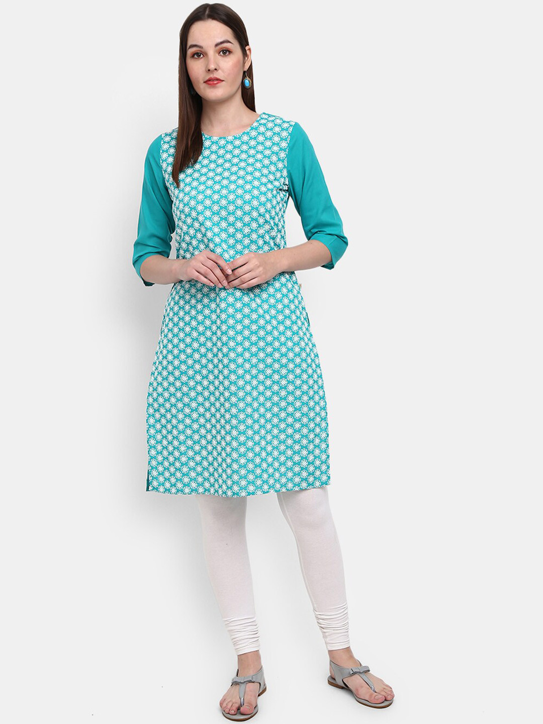 

V-Mart Women Turquoise Blue Floral Embroidered Thread Work Cotton Kurta