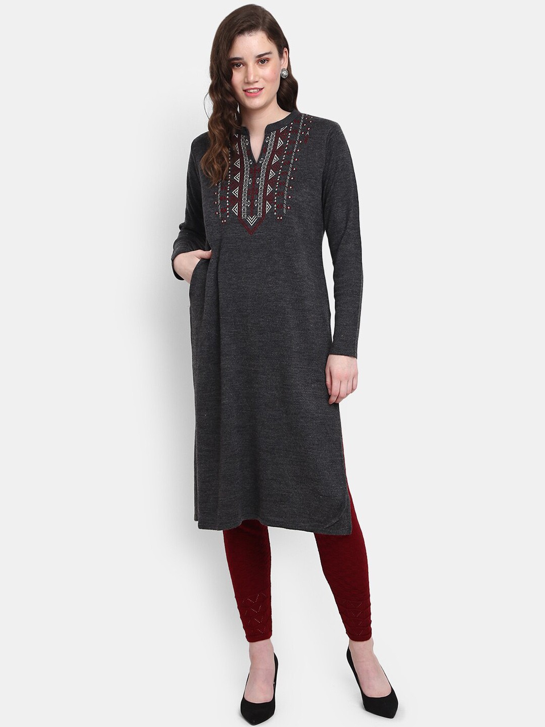 

V-Mart Women Grey Geometric Embroidered Thread Work Cotton Kurta