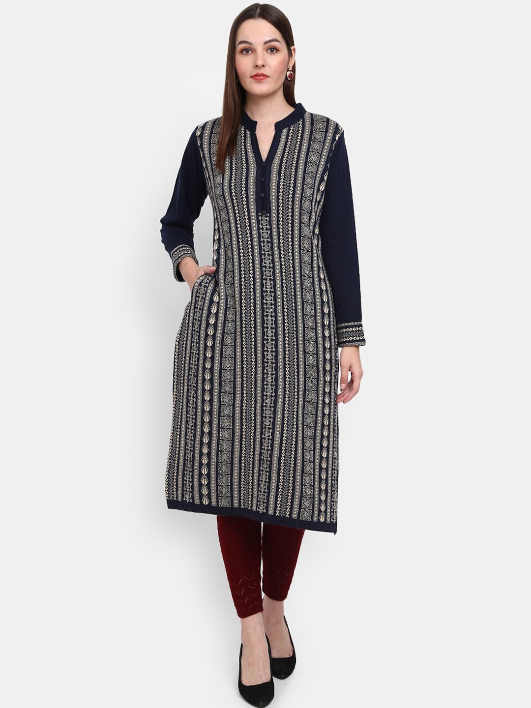 

V-Mart Women Navy Blue Ethnic Motifs Embroidered Thread Work Cotton Kurta