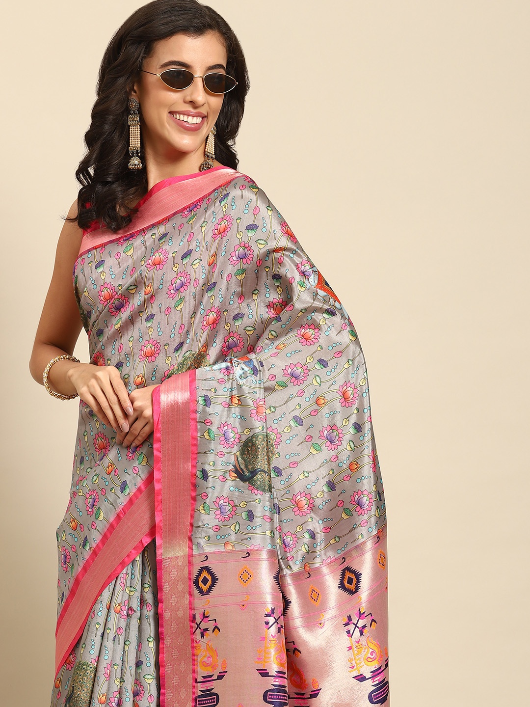 

Silk Land Kalamkari Zari Art Silk Kanjeevaram Saree, Grey