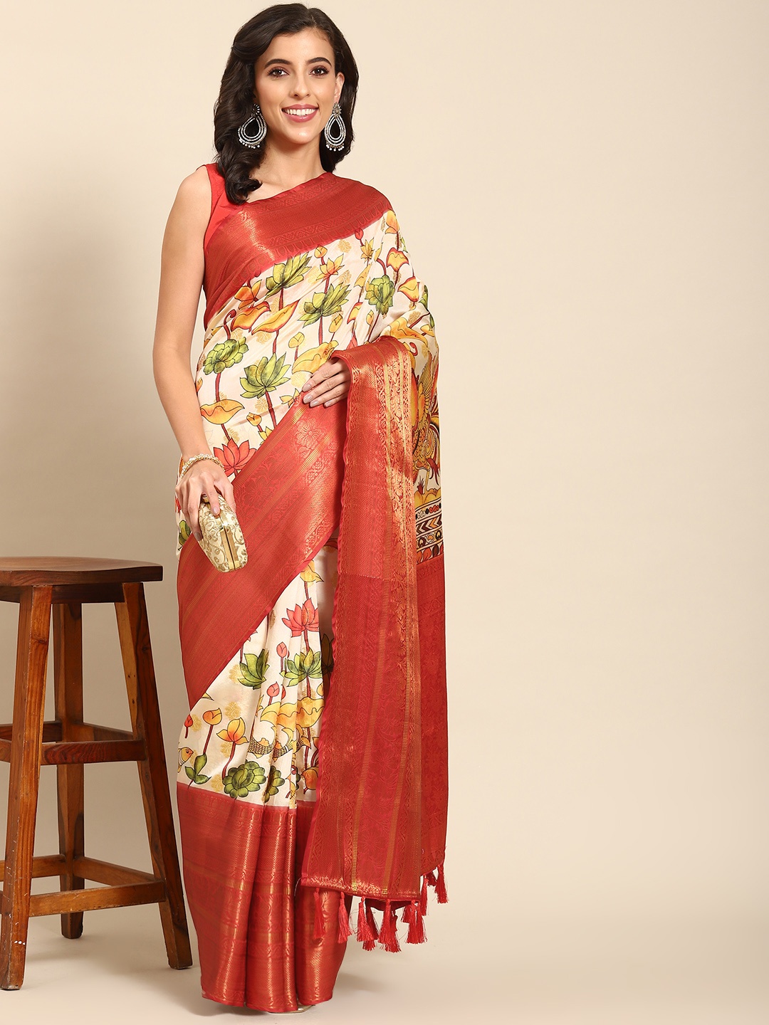 

Silk Land Kalamkari Kanjeevaram Art Silk Digital Print Saree, Beige