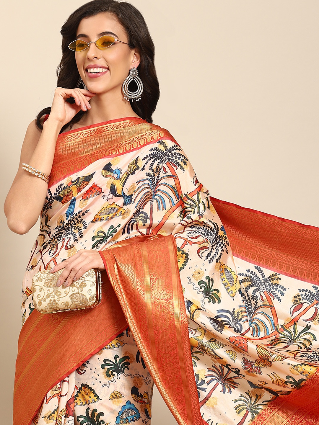 

Silk Land Kalamkari Zari Art Silk Kanjeevaram Saree, Beige
