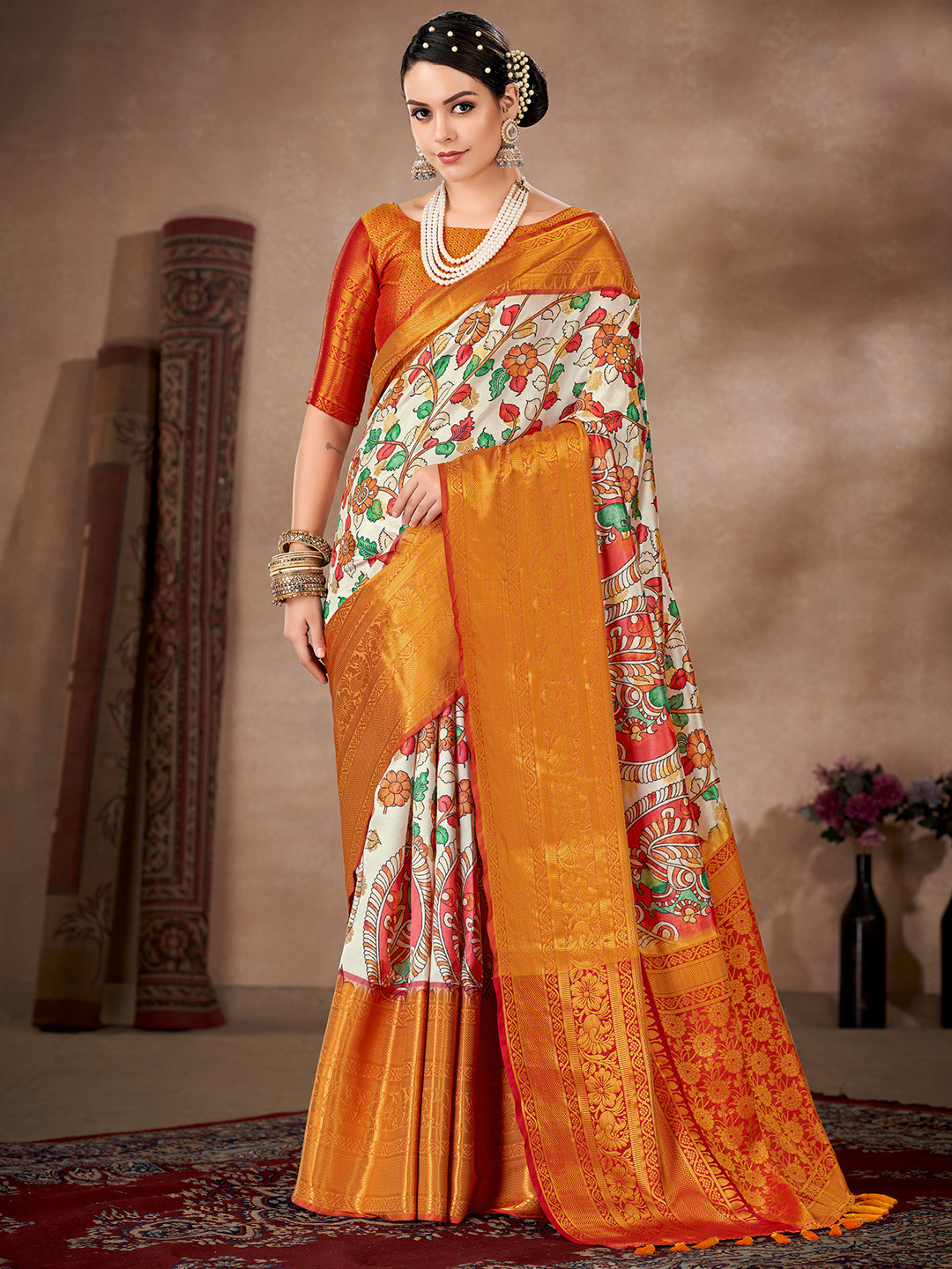 

Silk Land Kalamkari Zari Art Silk Kanjeevaram Saree, Beige